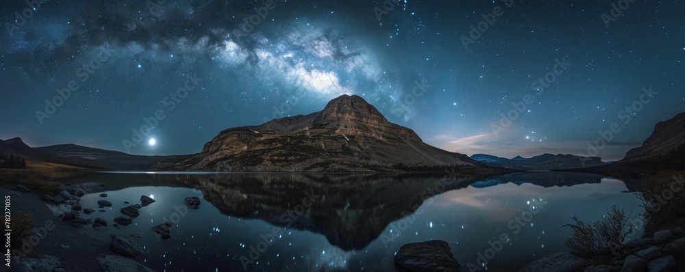 Starry night sky over a tranquil mountain lake