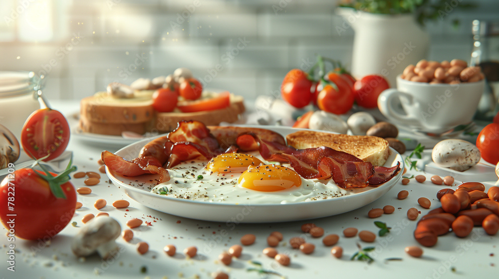 English breakfast with fried eggs, sausages, bacon, beans, toasts. English breakfast with fried eggs, sausages, bacon, beans, toasts.