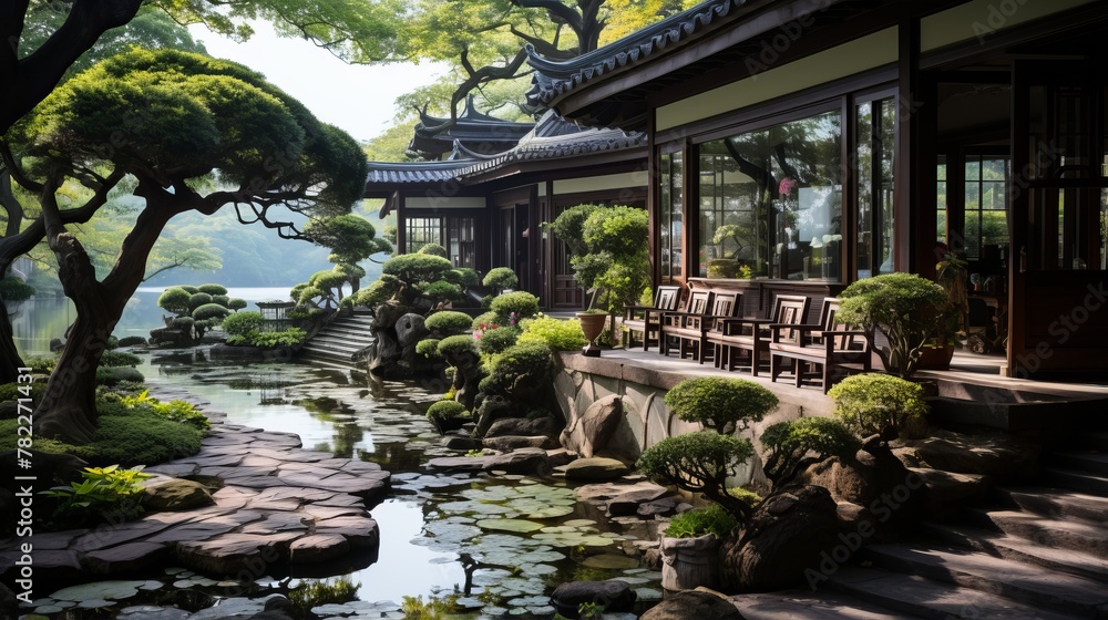 Japanese garden with a pond, trees, and a house