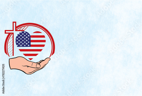Help, care, service and support icon symbol with cross. US flag in heart shape in High resolution for reuse in designing poster or banner on media and web. Copy space and blank to add text texture. © munir