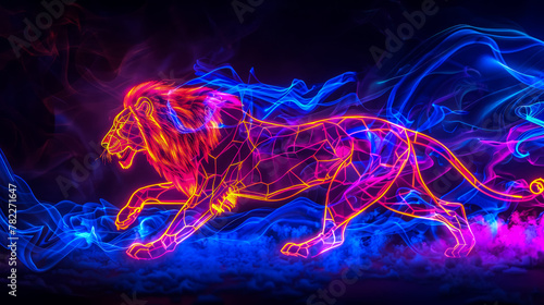 Formidable Lion glowing with neon colors  making its way through the billowing  swirling smoke. Aggressive  strong predator  the king of beasts. Animal in unusual environment.