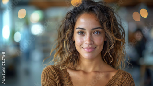 Portrait of smiling young multiethnic woman looking at camera with crossed arms. Successful latin business woman standing in modern office with copy space. Young university hispanic girl with smile