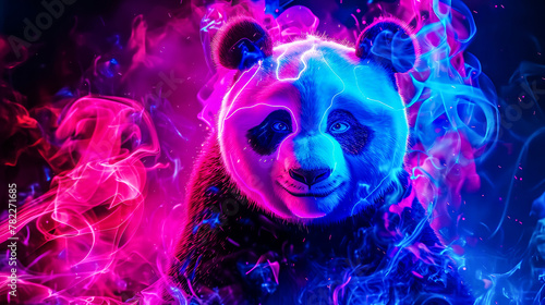 Panda glowing with neon colors  making its way through the billowing  swirling smoke. Cute  kind  calm and unhurried animal in unusual environment.