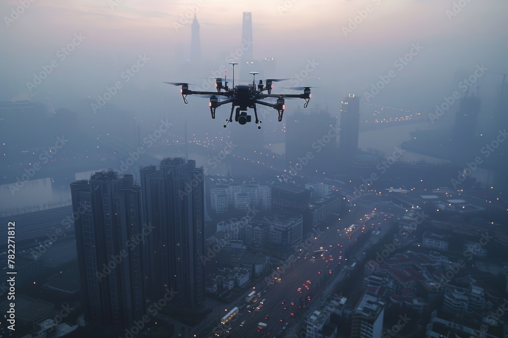 High-tech drones flying over the city, collecting PM 2.5, Single drone centered over foggy city streets, glowing traffic lights create pattern, tall buildings emerge from mist.