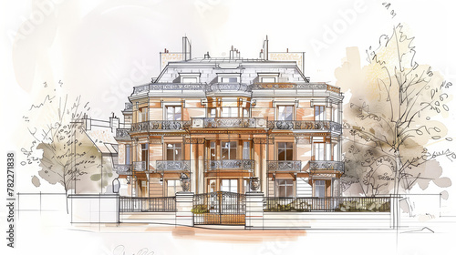 Perspective sketch illustration drawing of architectural concept. Full colorful abstract presentation of architecture project for communication design. AI Generative.