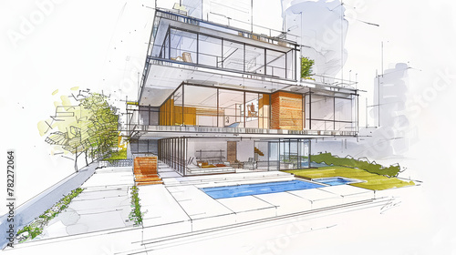 Perspective sketch illustration drawing of architectural concept. Full colorful abstract presentation of architecture project for communication design. AI Generative.