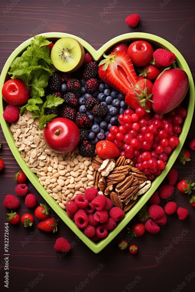 A variety of fruits and vegetables are arranged in a heart-shaped bowl. A variety of fruits and vegetables are arranged in a heart-shaped bowl.
