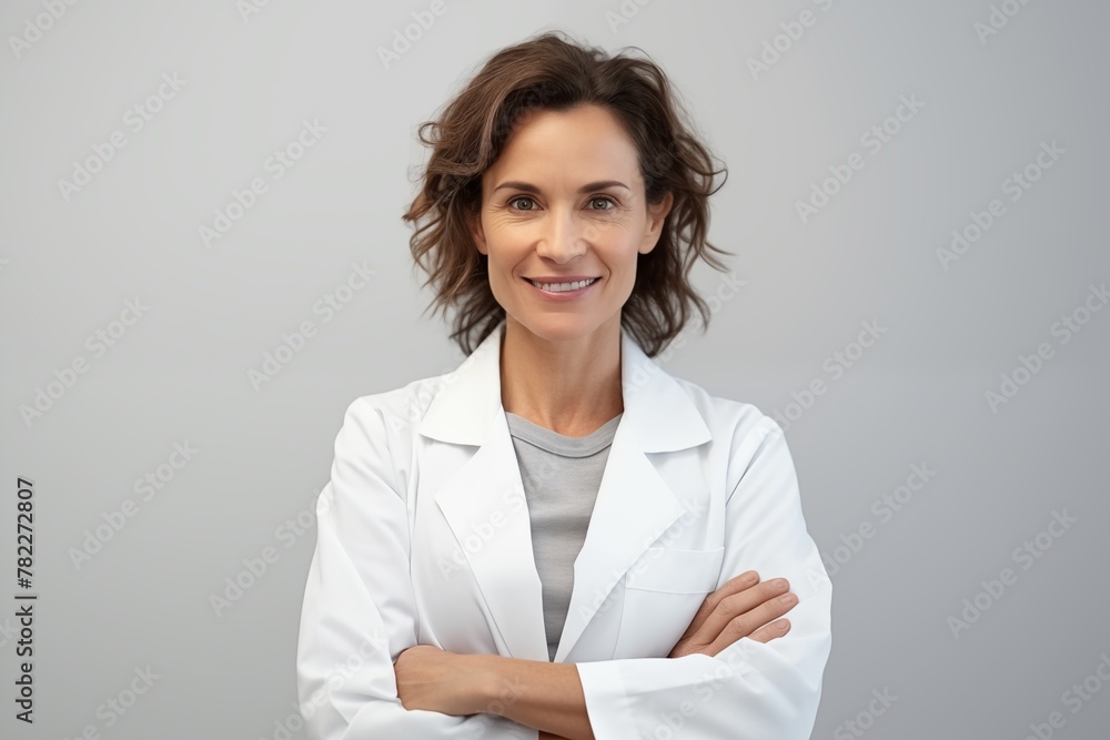 Portrait of a confident female doctor with arms crossed, isolated on a light gray background Portrait of a confident female doctor with arms crossed, isolated on a light gray background