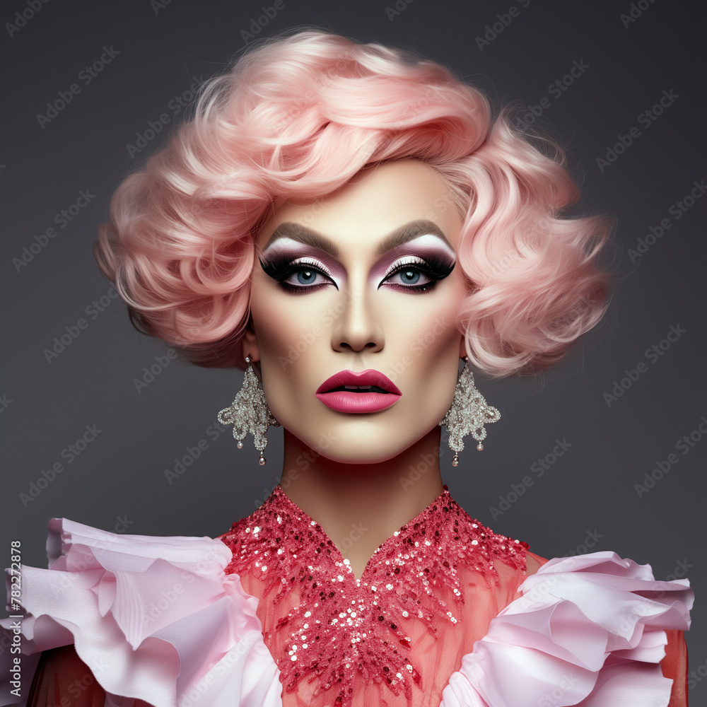 Stylish transgender woman posing for a fashion portrait. Makeup and a pink wig on a drag queen. AI-generated Stylish transgender woman posing for a fashion portrait. Makeup and a pink wig on a drag queen. AI-generated