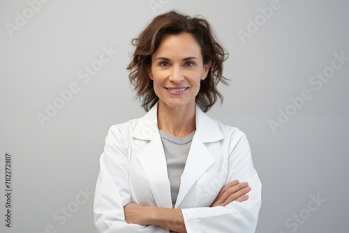 Portrait of a confident female doctor with arms crossed, isolated on a light gray background