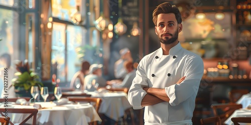 Satisfied Chef Observing Bustling Dining Room of Upscale Restaurant