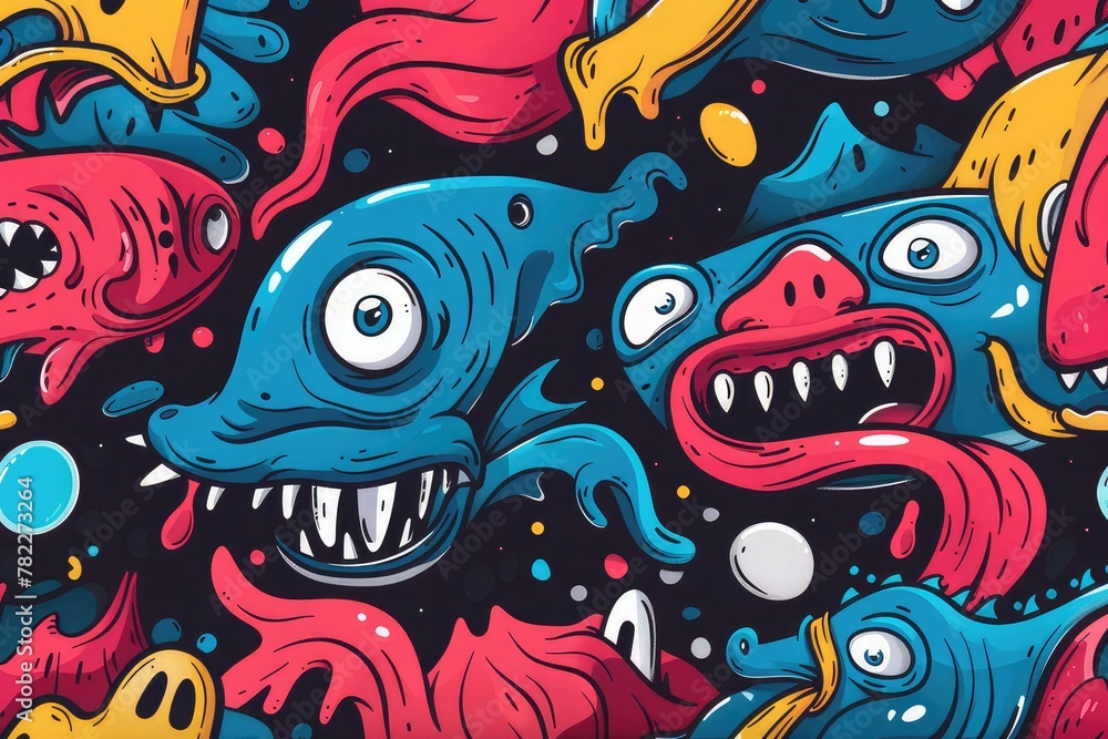 cartoon/gaphic pattern, colorful background with monsters