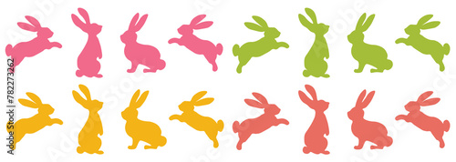 Silhouettes of easter bunnies isolated, no background. Set of different rabbits silhouettes for design use. Easter concept. Print