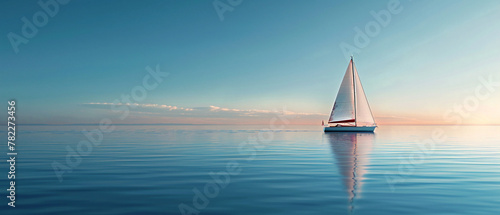 A serene scene of a sailboat peacefully gliding across calm waters under a cloudless sky.