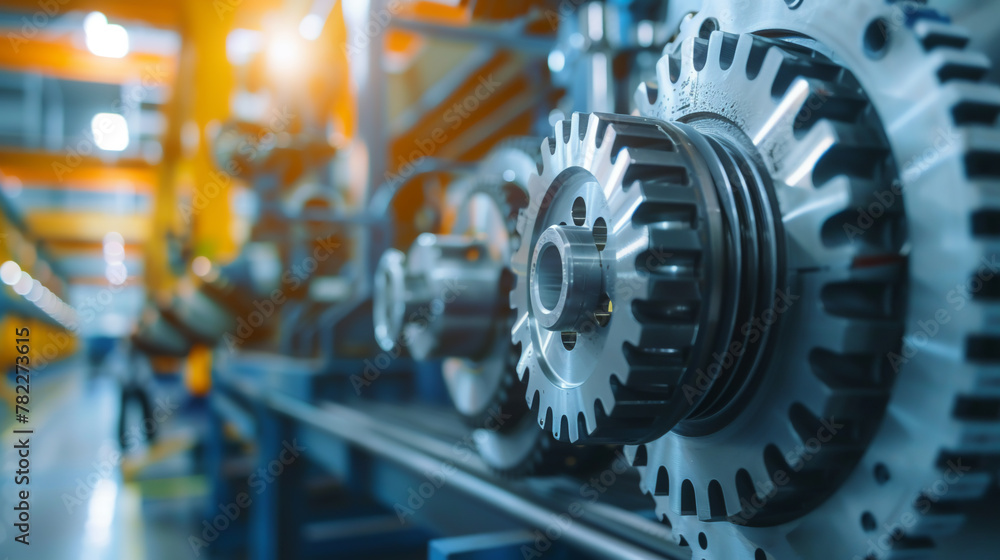 A row of gears are on a conveyor belt A row of gears are on a conveyor belt