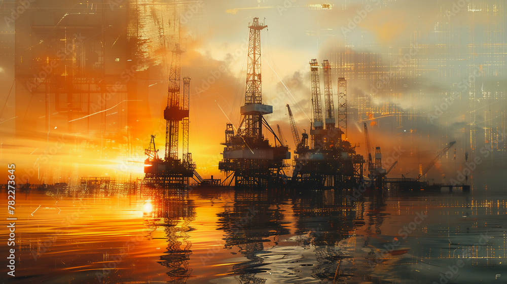A painting of a sunset with oil drilling rigs against the backdrop of nature,