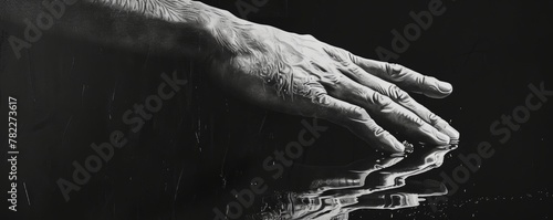 Black and white photo of a hand touching water surface with reflection