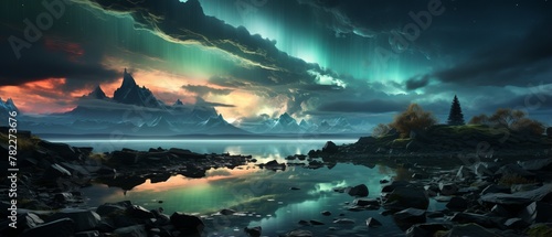 Fantasy landscape with aurora borealis over mountains and lake