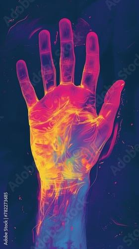 Colorful thermal imaging of a human hand against a dark background