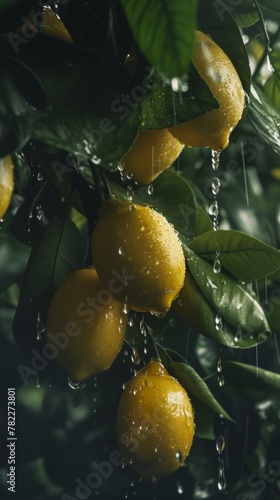 Lemons on tree with water droplets