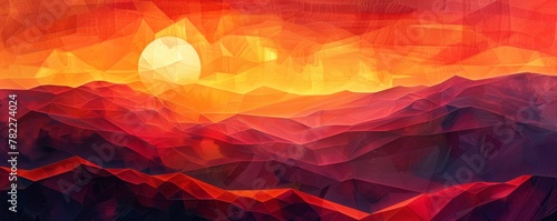 Abstract geometric landscape with sunset photo