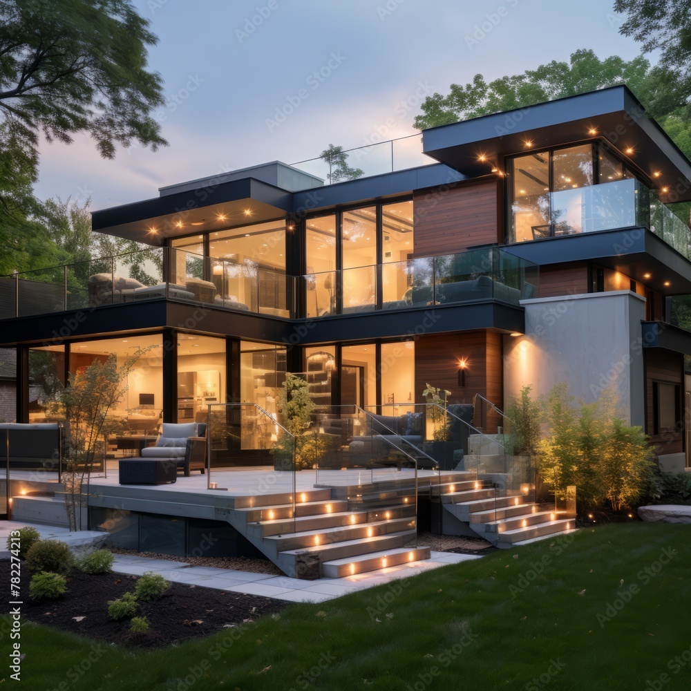 Fototapeta premium Modern two-story house with large glass windows and a terrace