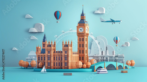 3d illustrator vector of Big Ben tower, Westminster palace, London Eye ferris wheel with cruise transportation on river thames in city of London, England photo