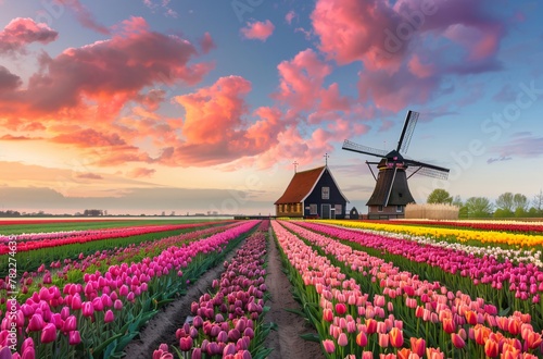 A colorful tulip field with windmills in the background 