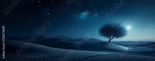 Solitary tree in a desert under starry night sky
