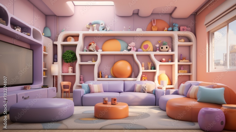 Fototapeta premium A colorful living room with a large pink sectional sofa and lots of toys