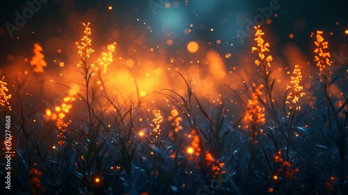 Magical nighttime field with glowing plants