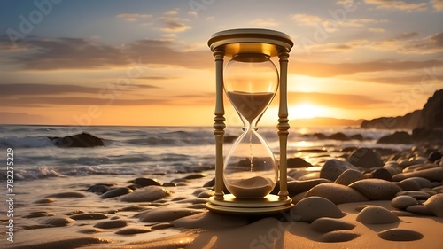 That sounds like a stunning image! The contrast between the golden hourglass and the rocky shores of the beach creates a beautiful scene. The gold casing of the hourglass catches the warm sunlight, sh photo