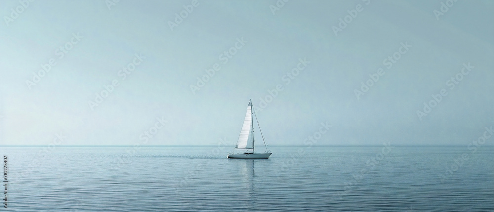 Sailboat glides tranquilly across serene water, set against a minimalist backdrop of sky and sea.
