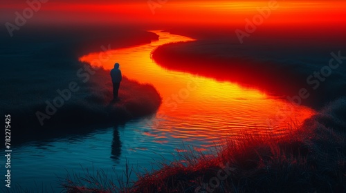Solitary figure at the edge of a river at sunset