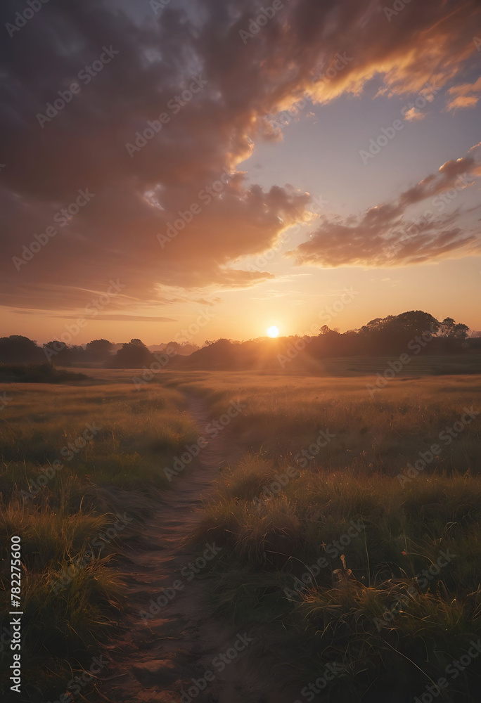Sunrise on a plain, golden hour, vegetation Sunrise on a plain, golden hour, vegetation