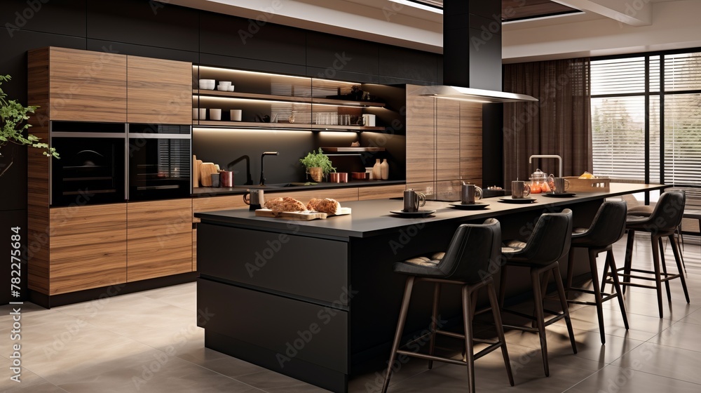 Black and wood grain modern kitchen with large island