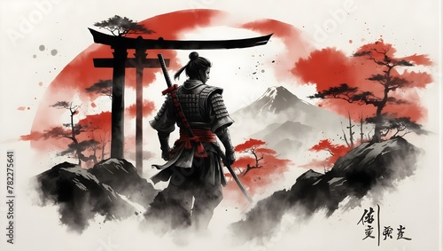 poster of a samurai standing against the background of rocks and mountains