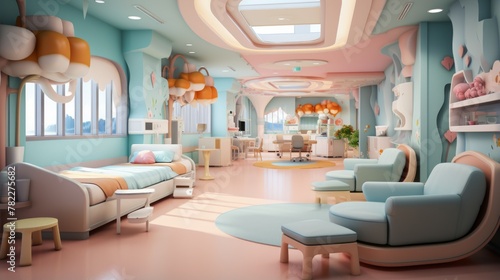 A rendering of a modern and colorful hospital room