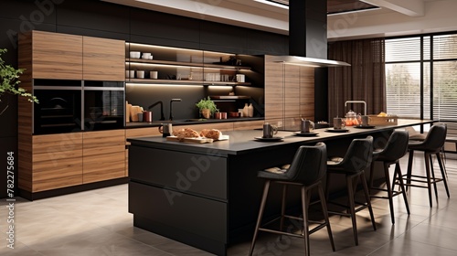 Black and wood grain modern kitchen with large island