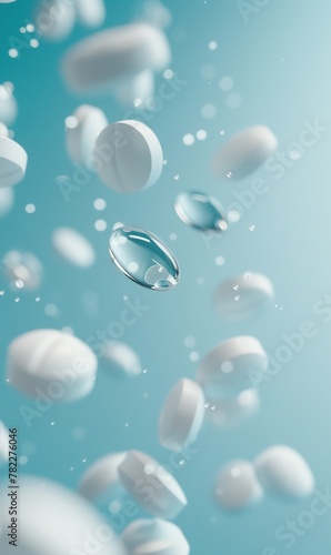 white pills falling on blue background  healthcare and medicine  pharmacy concept