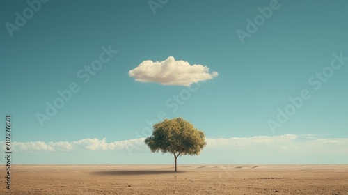 Solitary tree under a single cloud in desert landscape