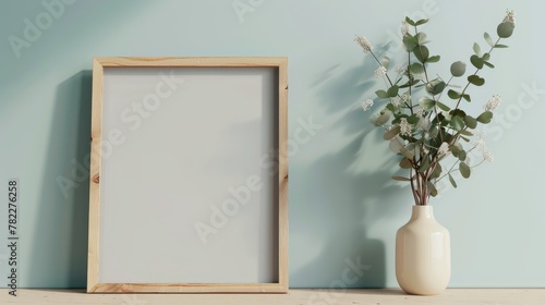 Mockup of an empty poster frame in a white wall living room with a wooden sideboard with small green plants