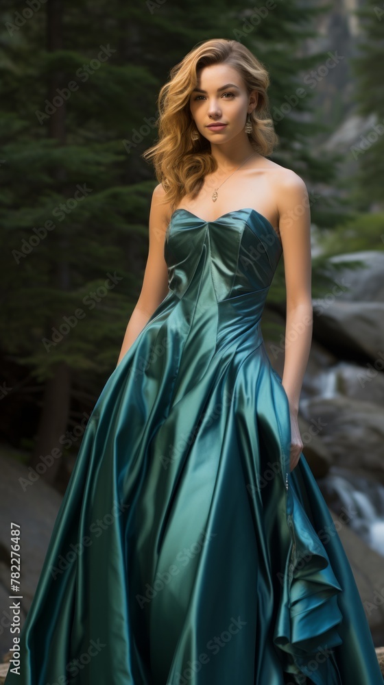 A woman wearing a green dress is standing in a forest. A woman wearing a green dress is standing in a forest.