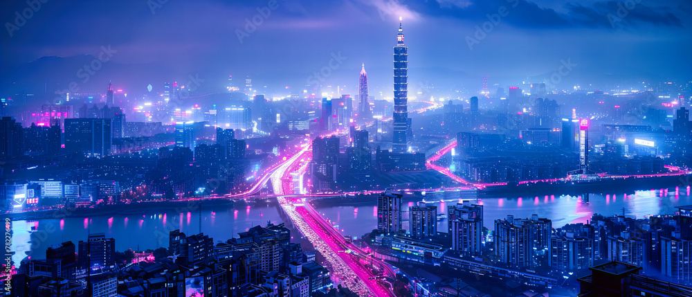 Obraz premium Shanghai Skyline at Twilight, Modern Urban Landscape with Illuminated Skyscrapers, Nighttime Cityscape Panorama