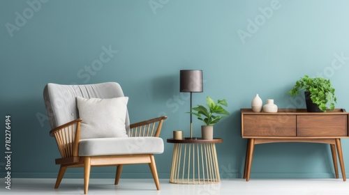 A mid-century modern living room with a gray armchair  a wooden side table  a green plant  and a ceramic vase.