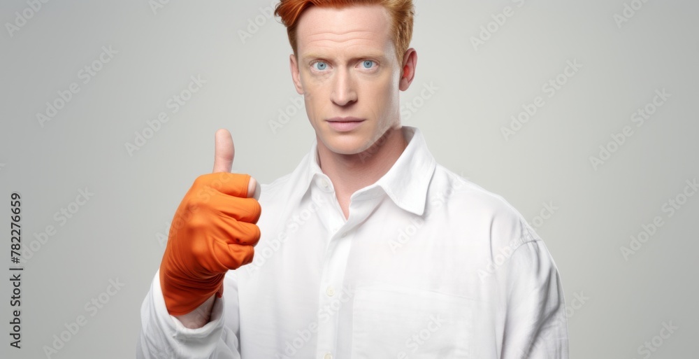 Focused man with striking red hair, in a crisp white shirt and vibrant orange gloves, giving a confident thumbs up. Focused man with striking red hair, in a crisp white shirt and vibrant orange gloves, giving a confident thumbs up.