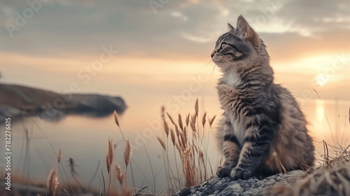 Fluffy Cat on Rocky Shore with Sunrise Backdrop
