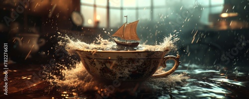 Miniature sailboat in a teacup with splashing water