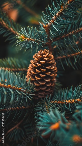 Close-up of a pine cone nestled among evergreen needles