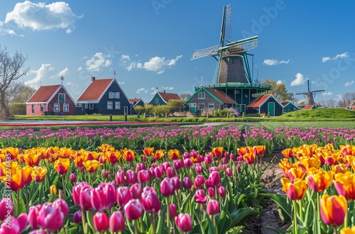 A colorful tulip field with windmills in the background  #782276635